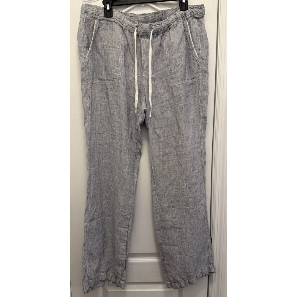 Caslon Blue/White Striped 100% Linen Pants Size Large L Drawstring Beach Coastal